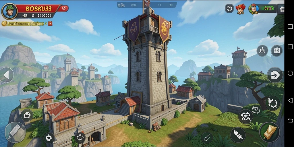 Screenshot gameplay Tower Defense yang menggambarkan pertempuran seru di BOSKU33.
