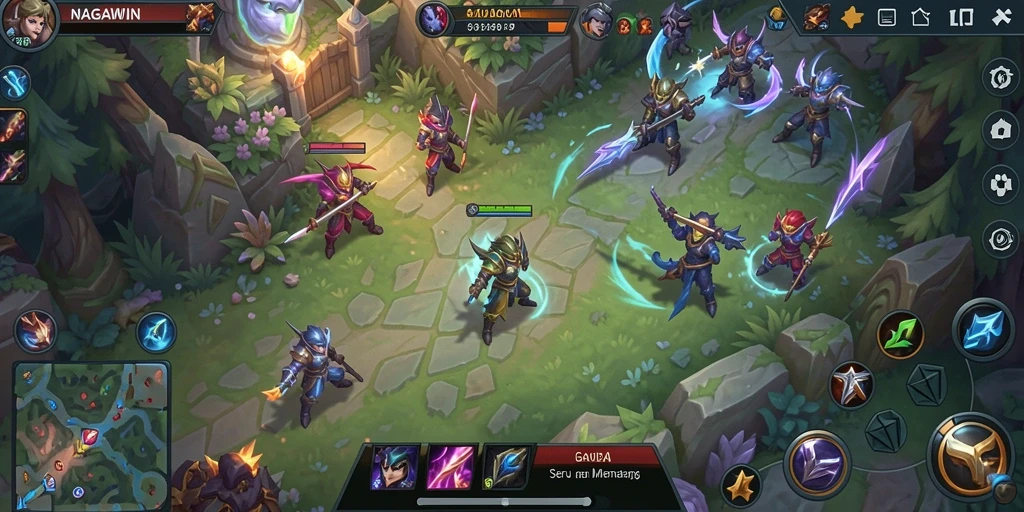 Screenshot NAGAWIN menampilkan aksi seru dalam pertempuran MOBA.