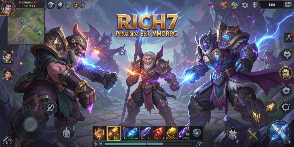 Tampilan gameplay menarik dari RICH7, menunjukkan petualangan dalam dunia MMORPG.